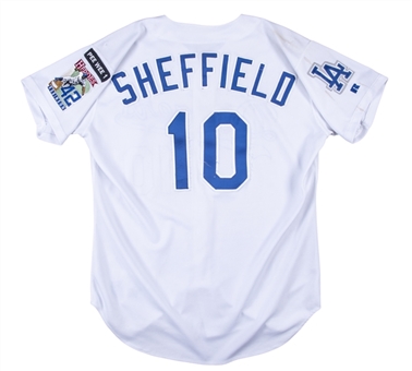 1999 Gary Sheffield Game Used Los Angeles Dodgers #10 Home Jersey With Pee Wee Reese Memorial Patch & Jackie Robinson "HEROES" Patch - 5th All-Star Season! (Case LOA) 